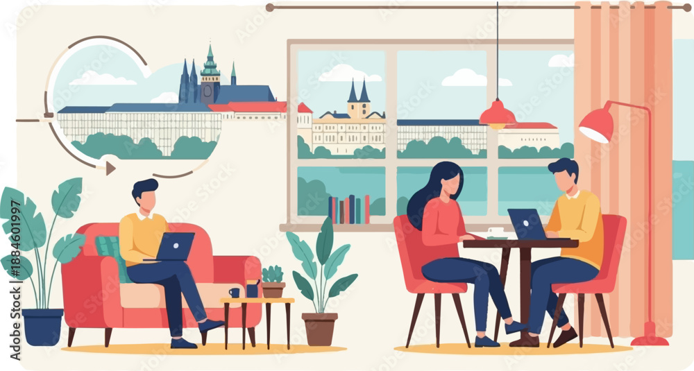 Obraz premium Two people working remotely on laptops inside a modern home with city views