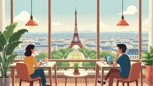 Two people work on laptops with Eiffel Tower view