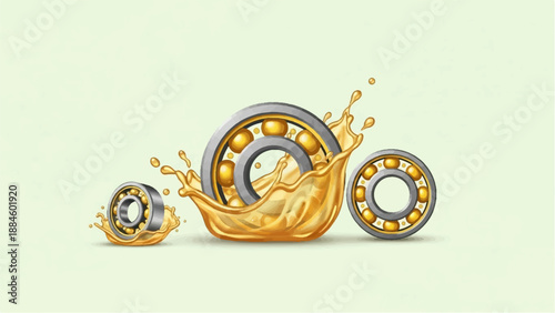 Three metal ball bearings submerged in golden, splashing liquid
