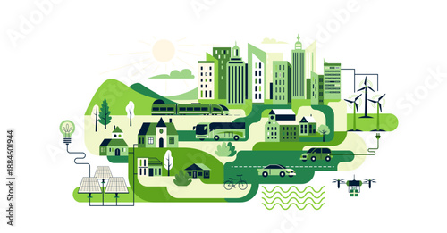 Green city sustainable urban landscape background. Vector illustration with solar panels, wind turbines, electric cars, public transport. Eco friendly smart city concept with renewable energy sources
