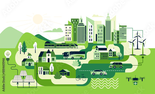 Wallpaper Mural Green city sustainable landscape with renewable energy sources vector illustration background. Eco friendly urban featuring solar panels, wind turbines, electric cars, public transport in a smart city Torontodigital.ca