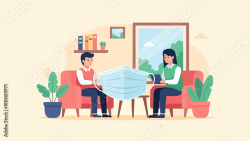 Two people sit in chairs on opposite sides of a table, separated by a mask