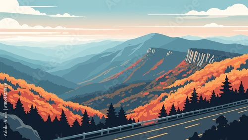 Pixelated mountain valley with autumn foliage and a scenic highway