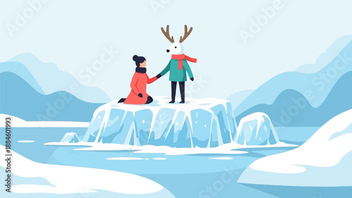 Two figures, one human, one deer-headed, meet on a cold, icy landscape