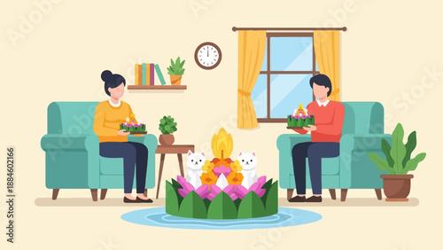 Two people in cozy chairs hold decorated offerings with a floral display