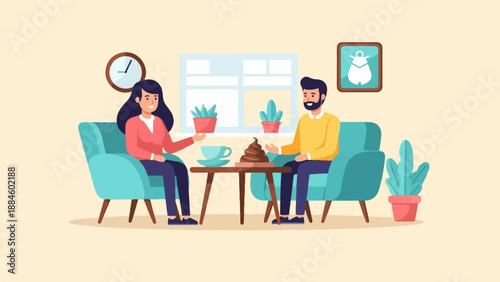 Two people talking on sofas near a table with coffee and a plant