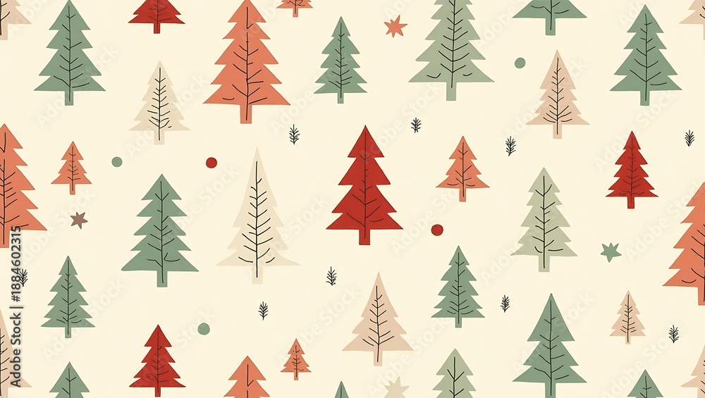 Obraz premium Festive seamless pattern with stylized christmas trees in red, green, and beige
