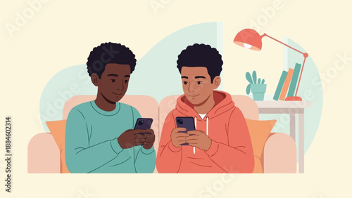 Two young people on a couch look at their phones, with a lamp and books nearby