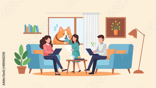 People working on laptops at home, with a dog outside