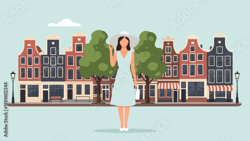 Woman in light blue dress and hat stands before row of colorful buildings