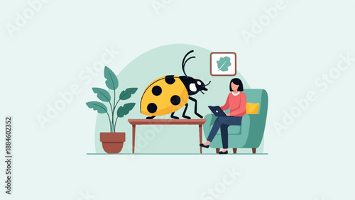 Person working on laptop with a giant ladybug in the room