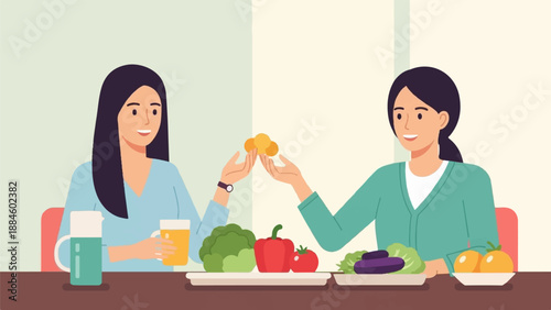 Two smiling women sharing food and drinks at a table