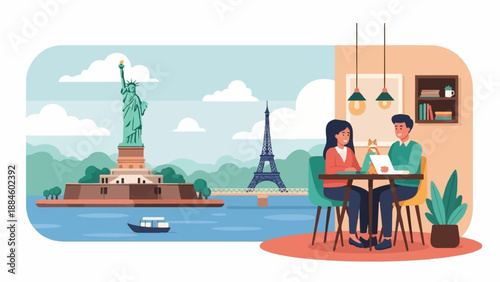 Two cities and a couple enjoying a cozy cafe moment indoors