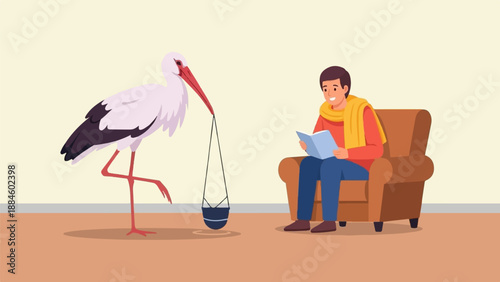 Stork delivers a package to a person reading in an armchair