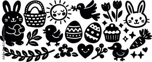 Hand drawn silhouette vector easter border with happy bunnies holding eggs chicks decorated eggs basket floral accents playful cheerful composition