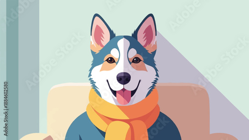 Smiling Siberian Husky wearing a cozy scarf, sitting on a plush armchair