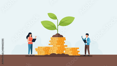 People tending to a plant growing from a stack of coins