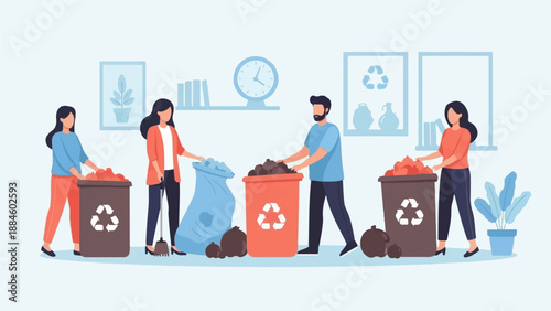 People sorting trash into recycling bins at home or office