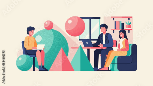 Three people in a modern office setting collaborate and work on laptops