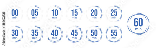 Minute Timer, clock, stopwatch, Countdown timer, cooking time icon set. 0, 5, 10, 15, 20, 25, 30, 35, 40, 45, 50, 55, 60 minute dial. Blue color isolated set, symbol. Vector illustration