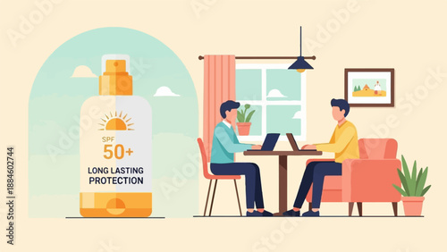 Two people work on laptops at a table with sunscreen displayed