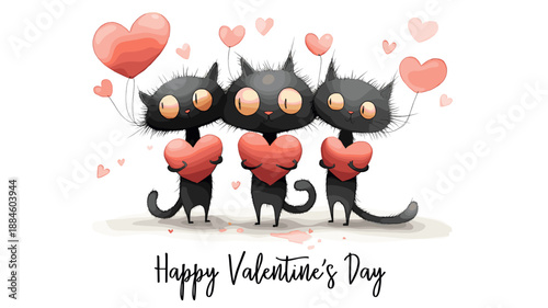 Three cartoon black cats holding red hearts with floating additional hearts against a white background. Three black cats holding hearts celebrating Valentine's Day