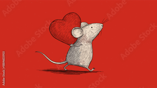 Cartoon gray rat running with a large red heart on a solid red background. Cute gray rat carrying red heart running