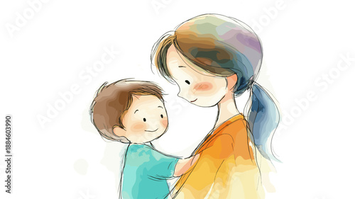 Watercolor illustration depicting a mother embracing her happy child with warmth and care. Mother and child smiling showing love and connection