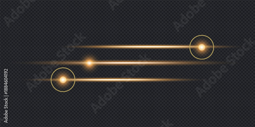 Golden light trails with illuminated circles on a dark transparent background