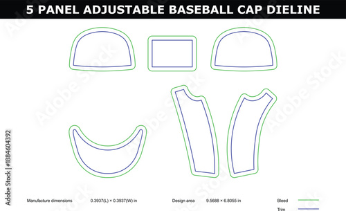 A technical diagram of a 5 panel adjustable baseball cap die line on a white background