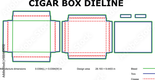 A technical diagram of a cigar box dyeline with precise measurements and design specifications.