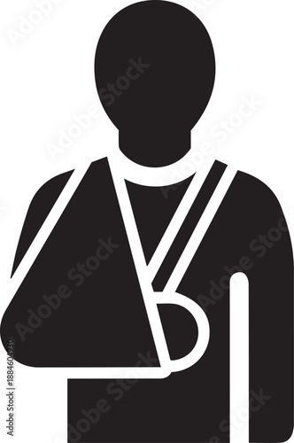 Injured person icon wearing an arm sling for recovery and fracture support. Minimalist black vector silhouette representing orthopedic rehabilitation, medical trauma, and patient care.