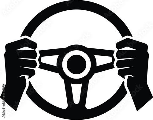 Black silhouette of hands gripping a steering wheel for driving lessons automotive safety and vehicle transportation service symbols.