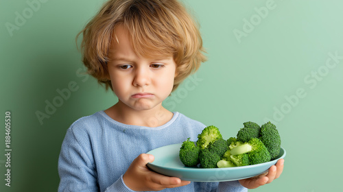 Young child displaying sad expression while holding plate with broccoli, faceless youth, soft green backdrop, picky eating moment, food aversion, with copy space