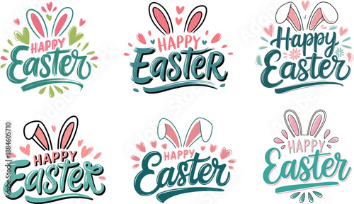 Happy Easter Hand Drawn Calligraphy Vector Set with Bunny Ears