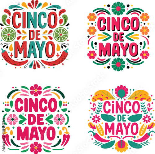 Colorful Cinco de Mayo typography set with Mexican holiday decorations