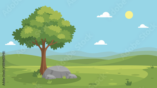 Nature Landscape with Large Tree and Rock.Scenic Meadow View with a Shade Tree and Grey Stones.Countryside Environment with Green Hills and Summer Sky