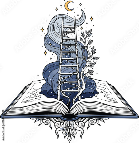 An open book with a ladder and moon rising from its pages in a dreamlike illustration