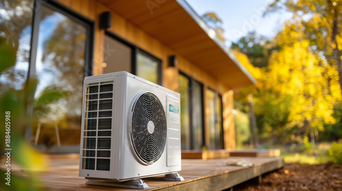 Photography Medium shot of modern heat pump unit installed outside newly built home, sustain
