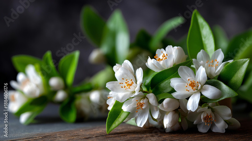 Transparent floral arrangement featuring small white flowers with green leaves, isolated dark background, versatile design use, botanical element, with copy space