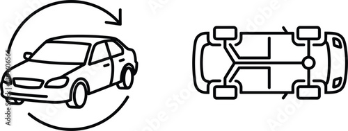 Fotografie Car rotation and chassis diagram icons showing vehicle inspection turning direction and underside mechanical layout outline illustration symbols