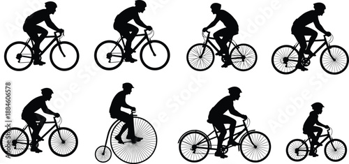 Silhouette vector set of cyclists on various bicycle types including penny-farthing, road, mountain, and children’s bikes, ideal for sport, lifestyle, and design themes.