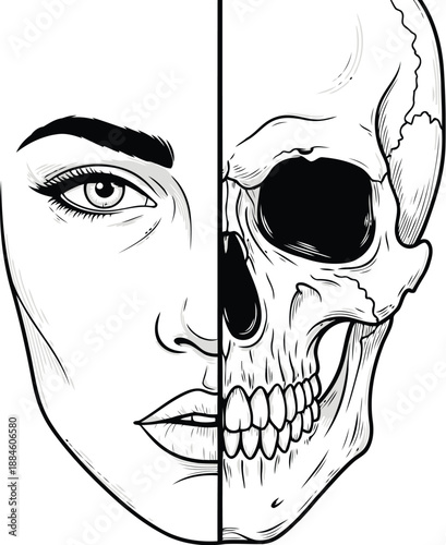 Canvas Print A striking black and white illustration of a woman's face split with a skull