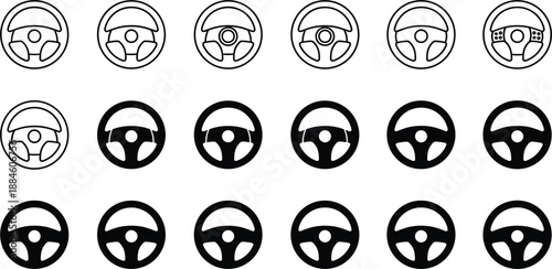 Comprehensive collection of steering wheel icons in outline and solid silhouette styles for automotive design and driving interfaces.