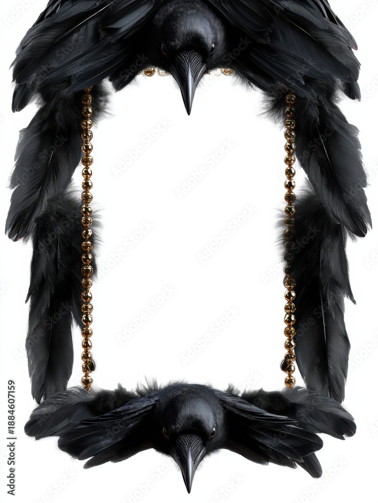 Obraz premium Raven frame: black feathers and golden beads on white background