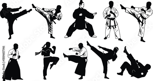 Silhouette vector set of martial artists in diverse poses and uniforms, showcasing kicks, stances, and discipline for sport, training, and motion-themed illustrations.