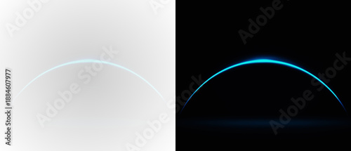 A glowing neon blue arc with an orbital effect and radial glow. A futuristic digital halo in dark space. Perfect for sci-fi designs, user interfaces, space backgrounds, vibrant technology posters, and