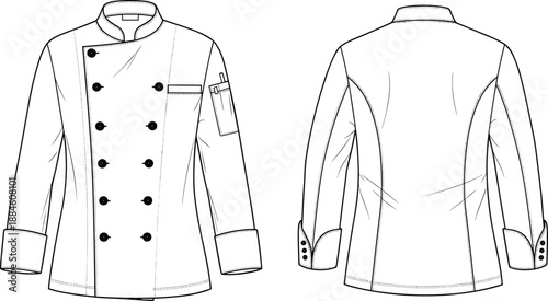 Technical fashion sketch of professional double breasted chef jacket with mandarin collar and sleeve pocket, uniform design template for culinary,