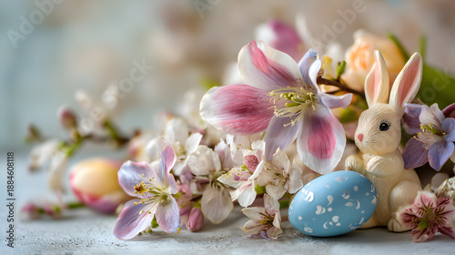 Easter eggs decorated with spring flowers in a peaceful natural spa setting