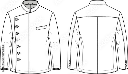 Technical fashion sketch of men mandarin collar jacket with asymmetrical button closure and welt pocket, front and back view template,